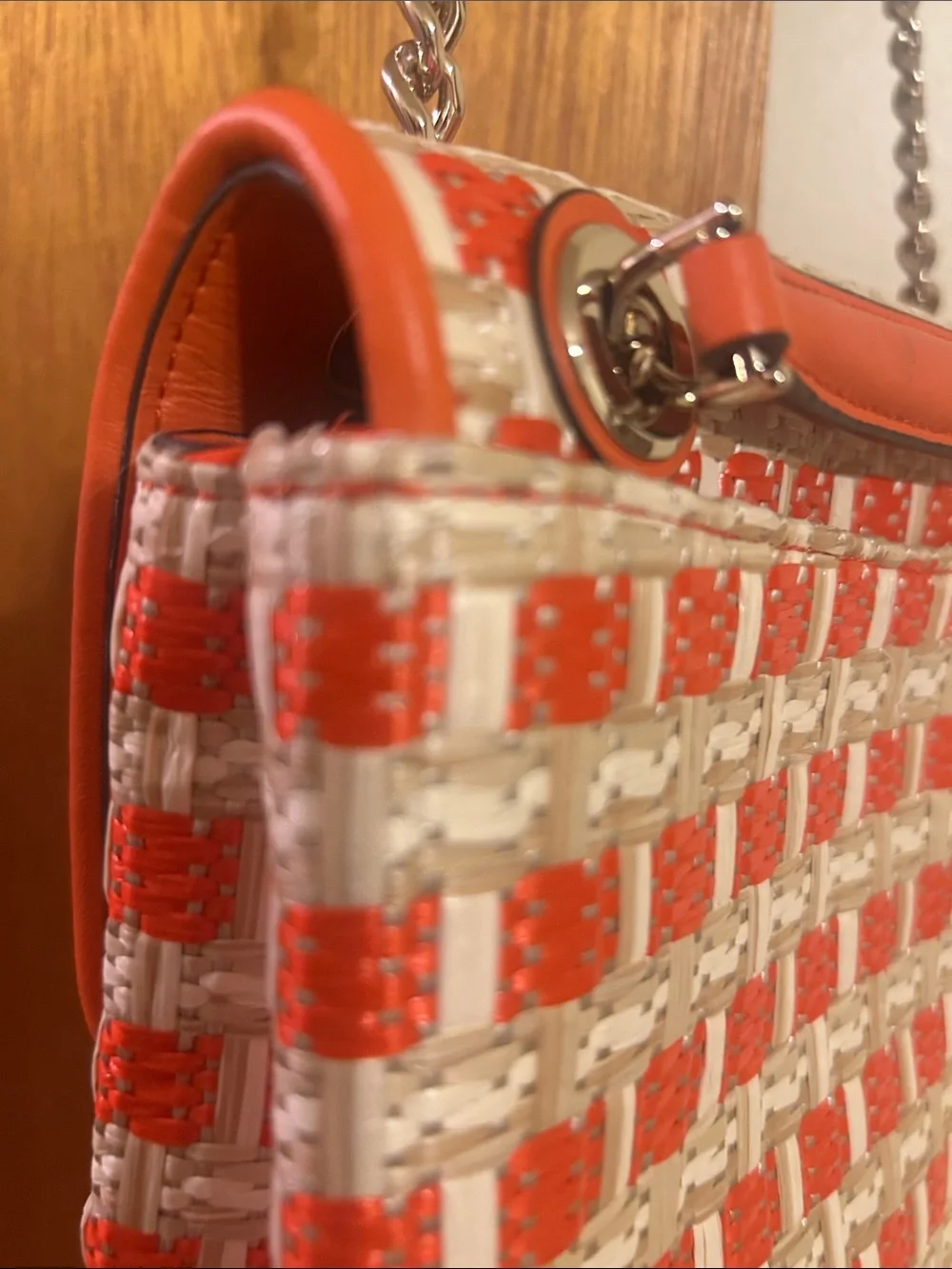 kate spade Orange and Off White Woven Shoulder Bag with Chain Strap